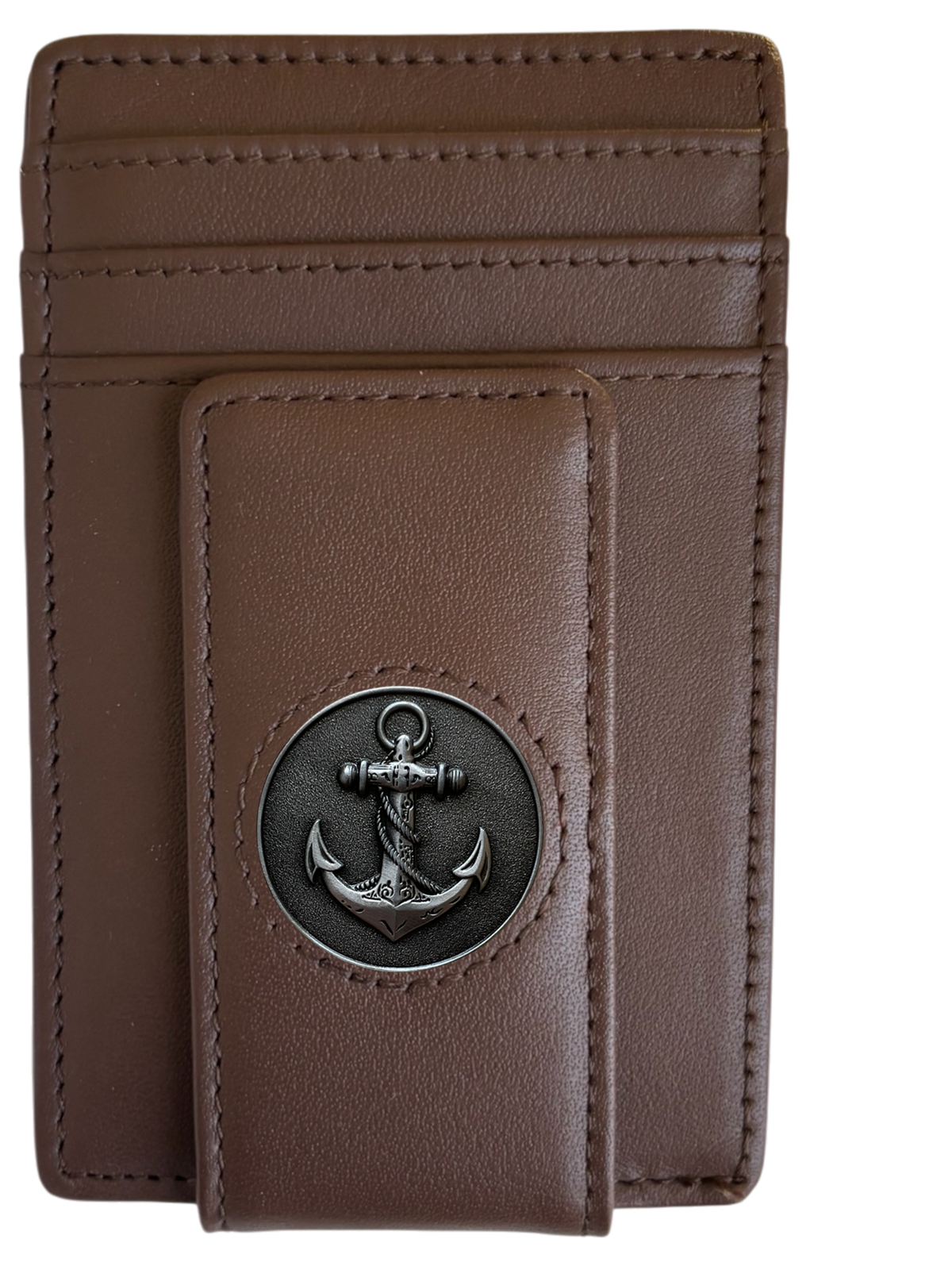Dark brown full-grain leather Icon Wallet with black anchor icon