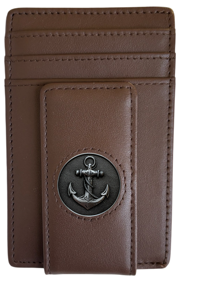 Dark brown full-grain leather Icon Wallet with black anchor icon