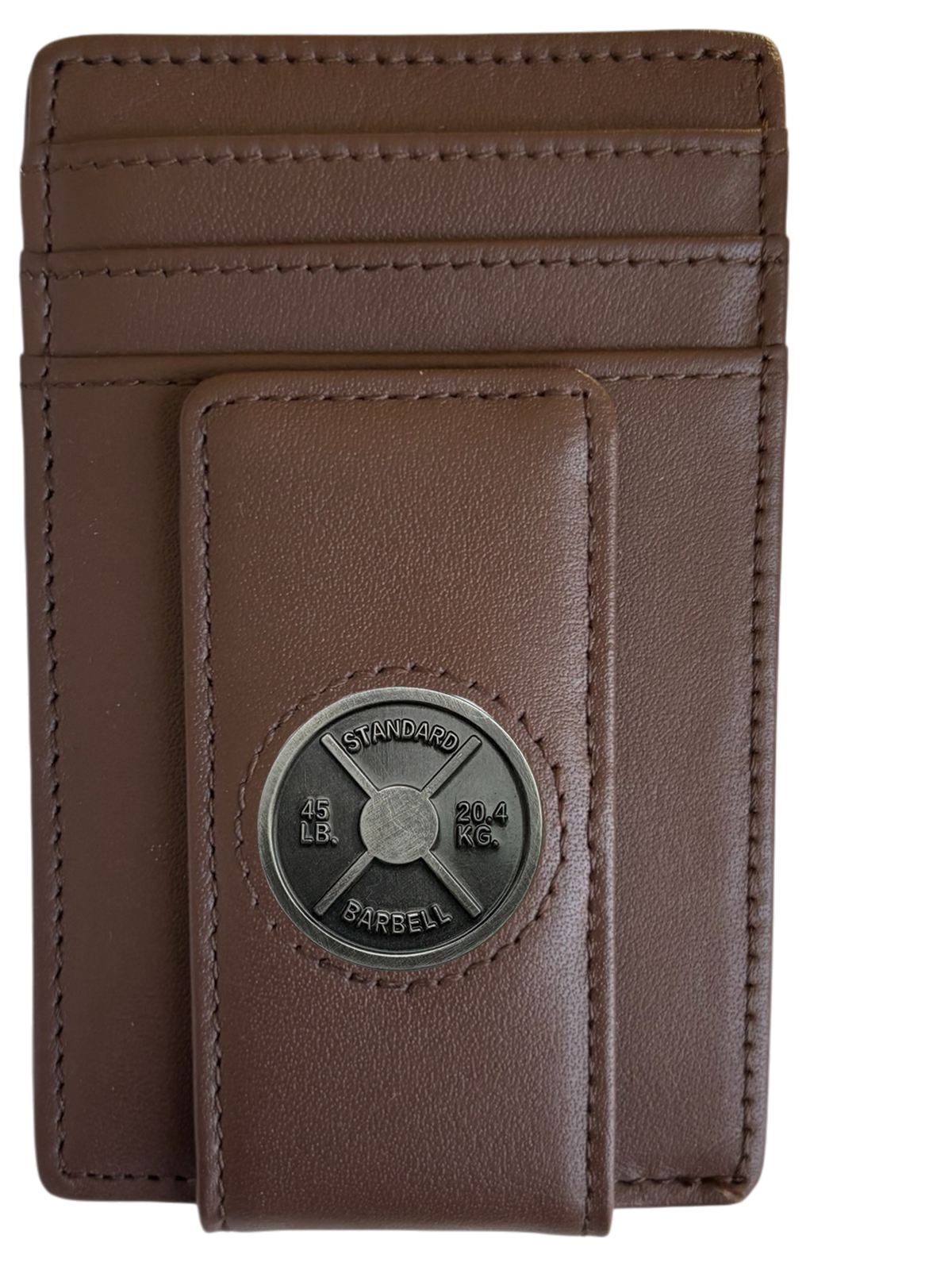 Dark brown full-grain leather Icon Wallet with barbell weight plate icon