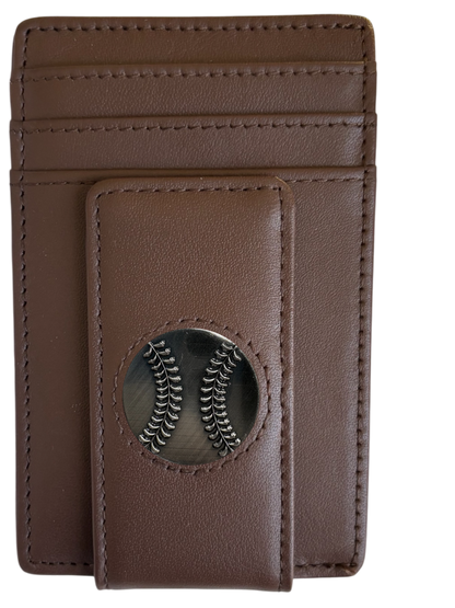 Dark brown full-grain leather Icon Wallet with baseball icon