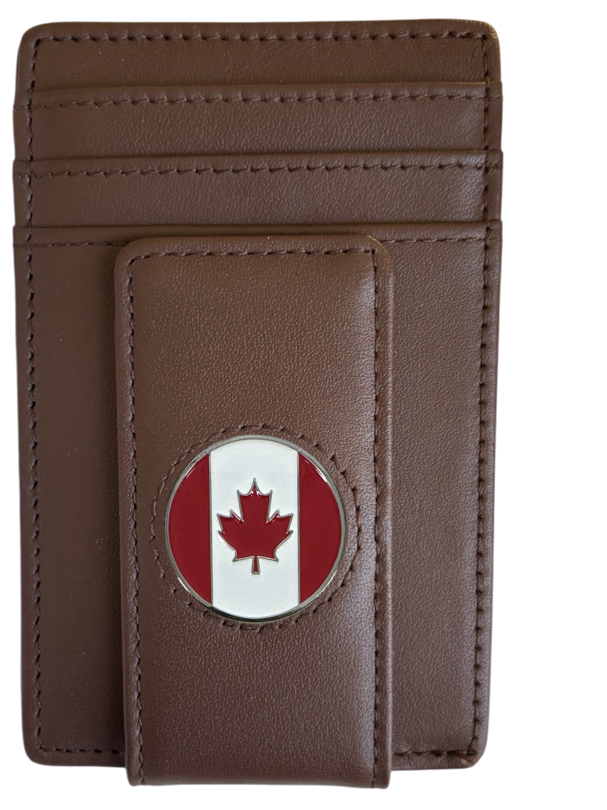 Dark brown full-grain leather Icon Wallet with Canadian flag icon