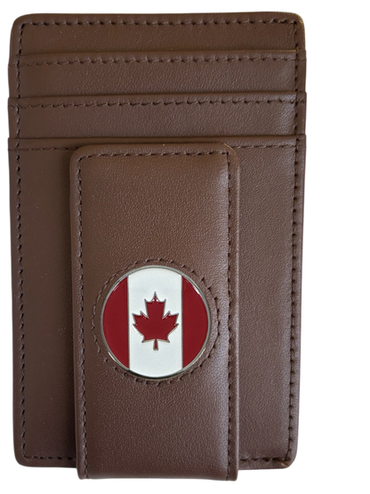 Dark brown full-grain leather Icon Wallet with Canadian flag icon