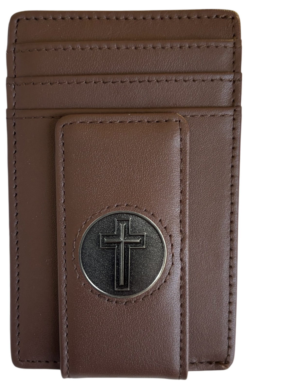 Dark brown full-grain leather Icon Wallet with cross icon