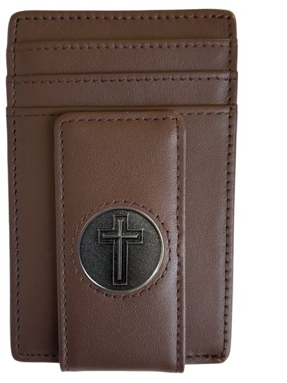 Dark brown full-grain leather Icon Wallet with cross icon