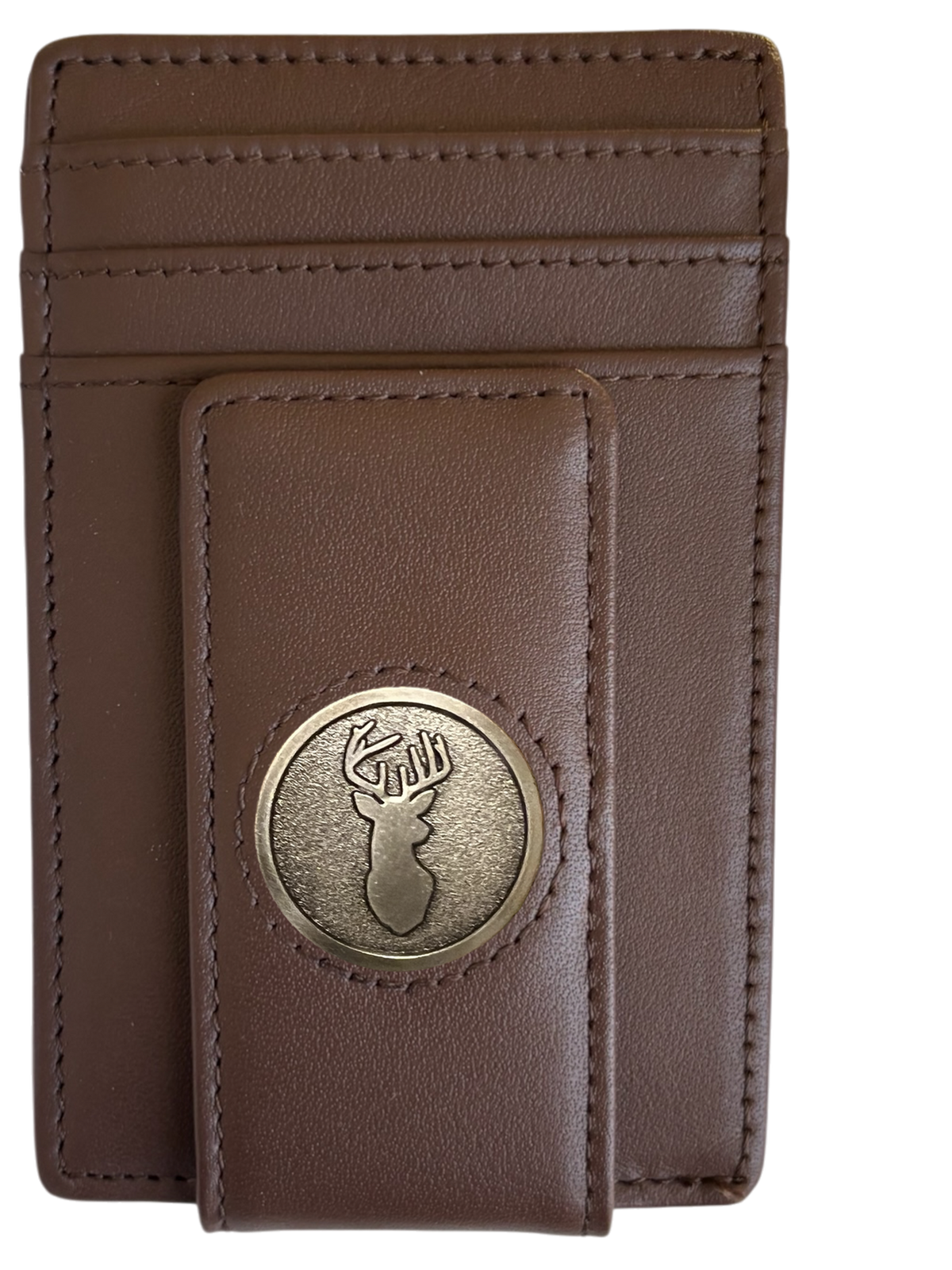 Dark brown full-grain leather Icon Wallet with deer head icon