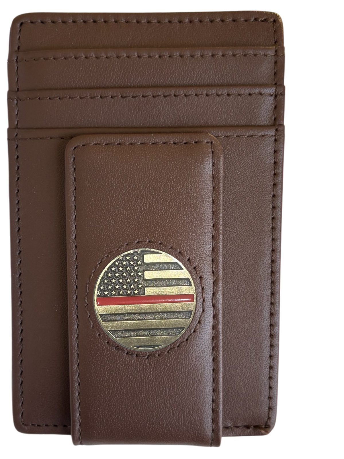 Dark brown full-grain leather Icon Wallet with thin red line flag icon