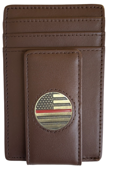 Dark brown full-grain leather Icon Wallet with thin red line flag icon