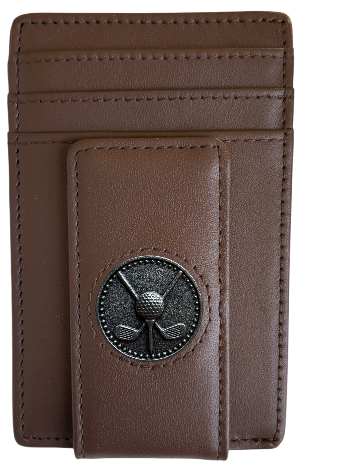 Dark brown full-grain leather Icon Wallet with golf icon