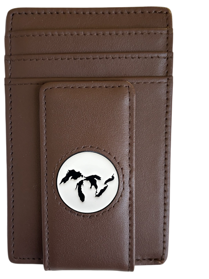 Dark brown full-grain leather Icon Wallet with Great Lakes icon