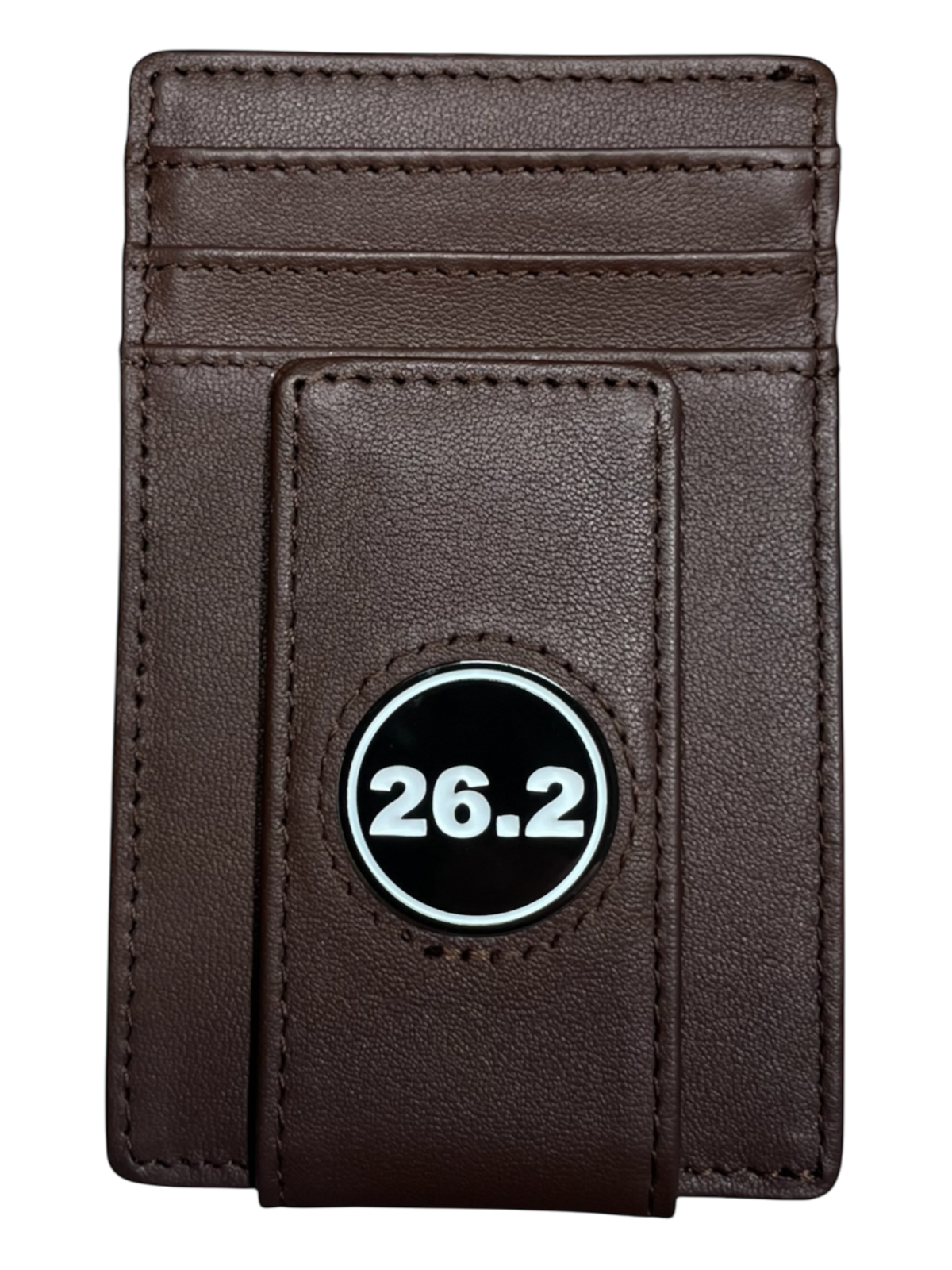 Dark brown full-grain leather Icon Wallet with 26.2 marathon icon