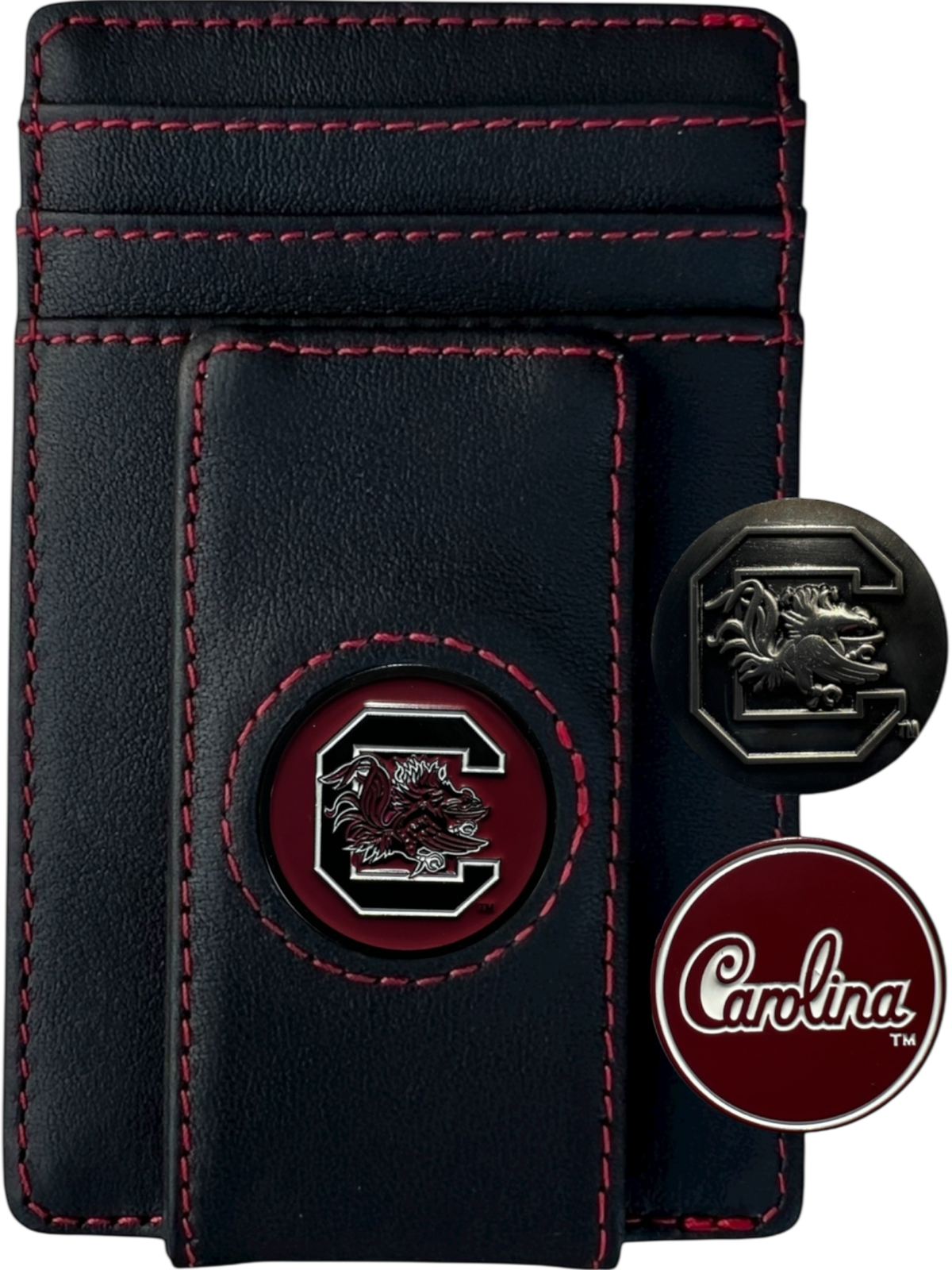 South Carolina Gamecocks black leather wallet with garnet stitching, Block C icon and two extra icons