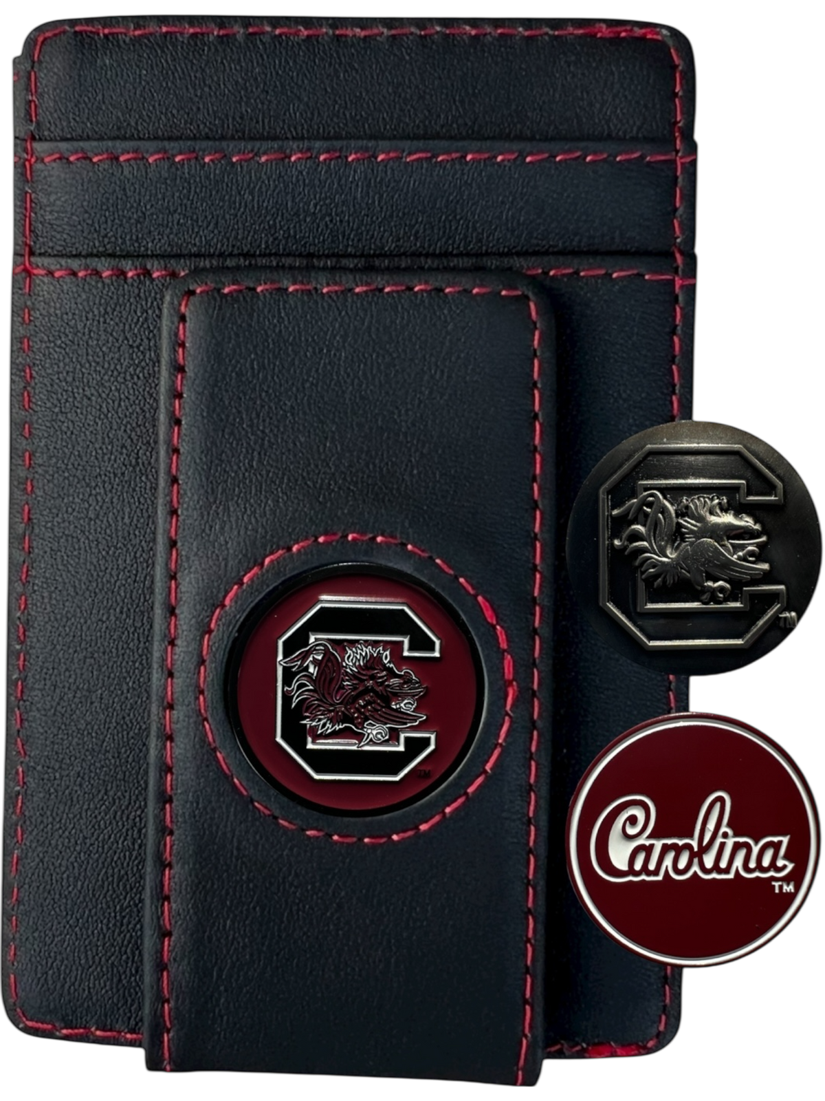 South Carolina Gamecocks black and garnet leather wallet with Block C, Gamecock and Carolina icons