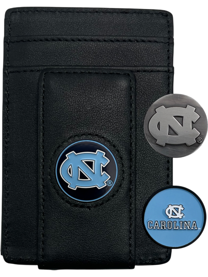 North Carolina Tar Heels black leather wallet with NC icon, silver NC icon and Carolina icon
