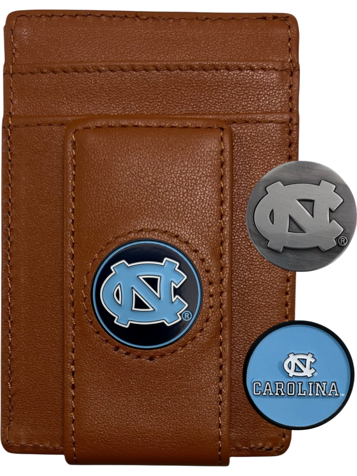 North Carolina Tar Heels tan leather wallet with interlocking NC icon and two interchangeable icons