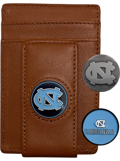 North Carolina Tar Heels tan leather wallet with interlocking NC icon and two interchangeable icons
