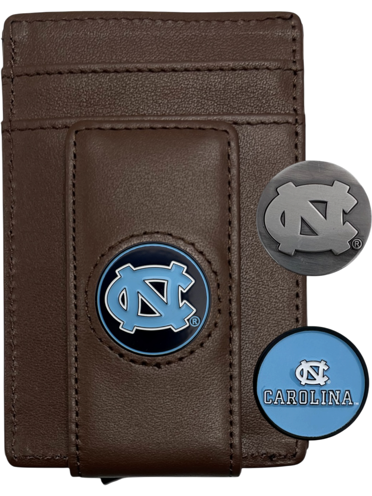 North Carolina Tar Heels dark brown leather wallet with NC icon, silver NC icon and Carolina icon