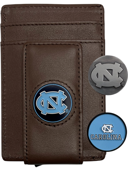 North Carolina Tar Heels dark brown leather wallet with NC icon, silver NC icon and Carolina icon