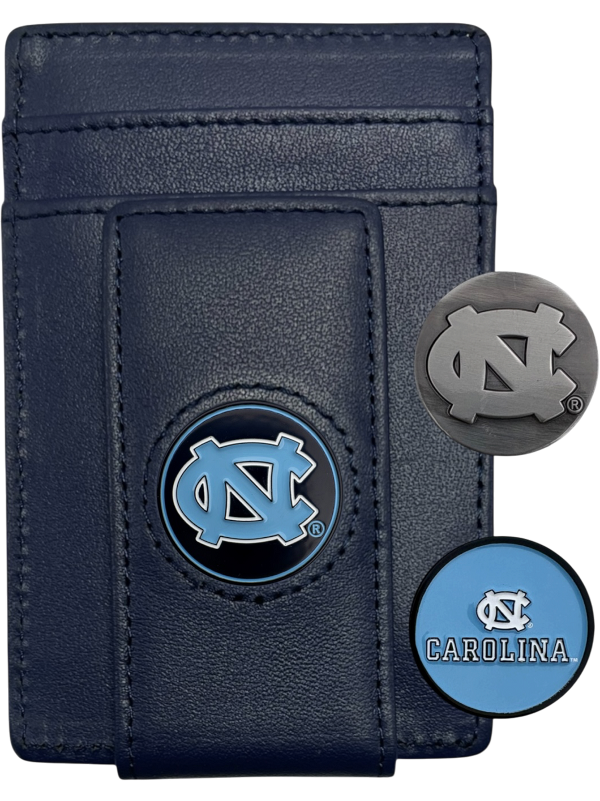 North Carolina Tar Heels navy leather wallet with interlocking NC icon and two interchangeable icons