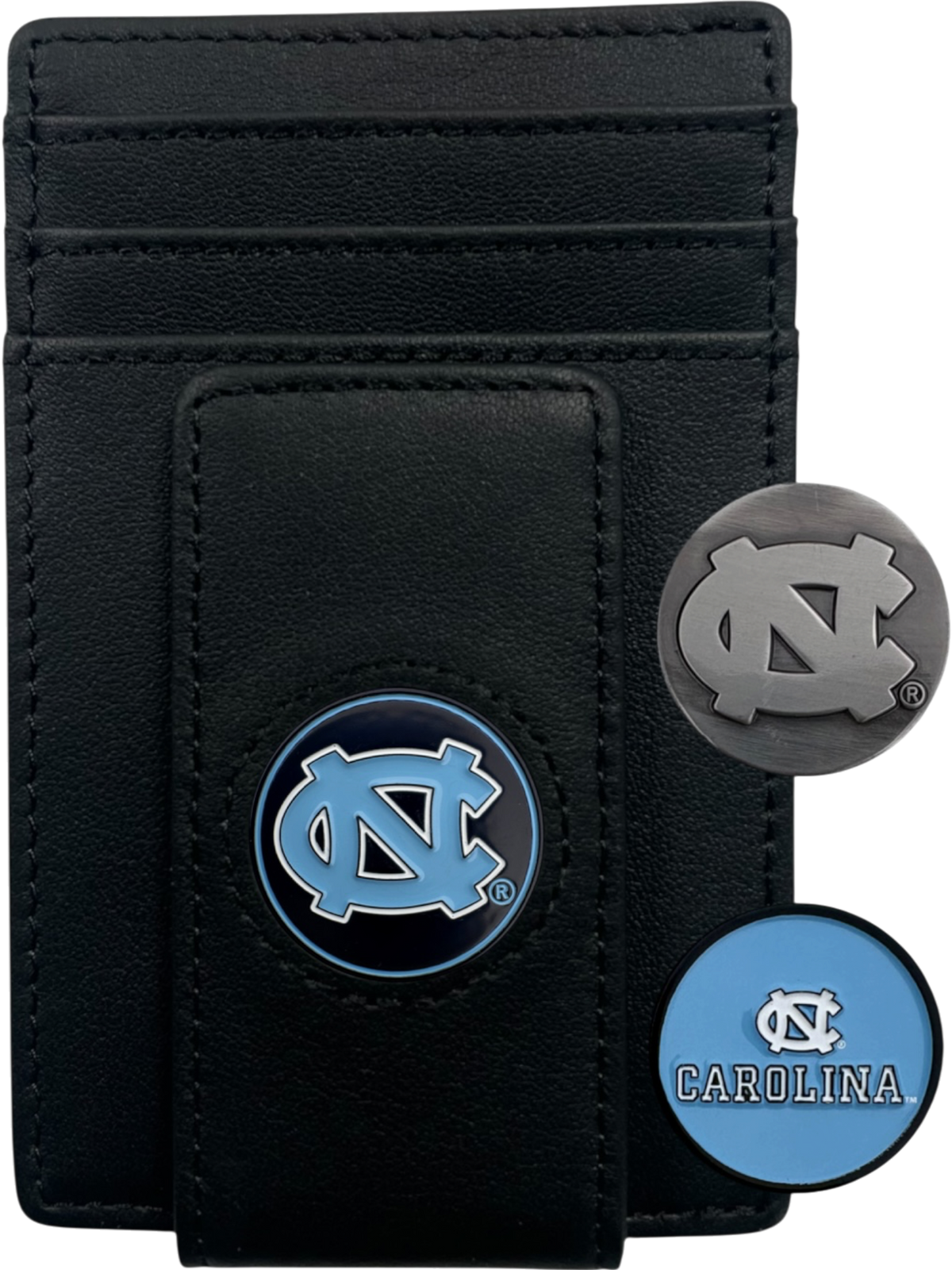 North Carolina Tar Heels black leather wallet with interlocking NC icon and two interchangeable icons