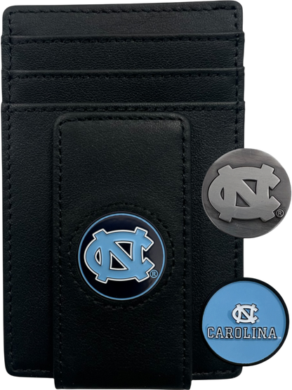 North Carolina Tar Heels black leather wallet with interlocking NC icon and two interchangeable icons