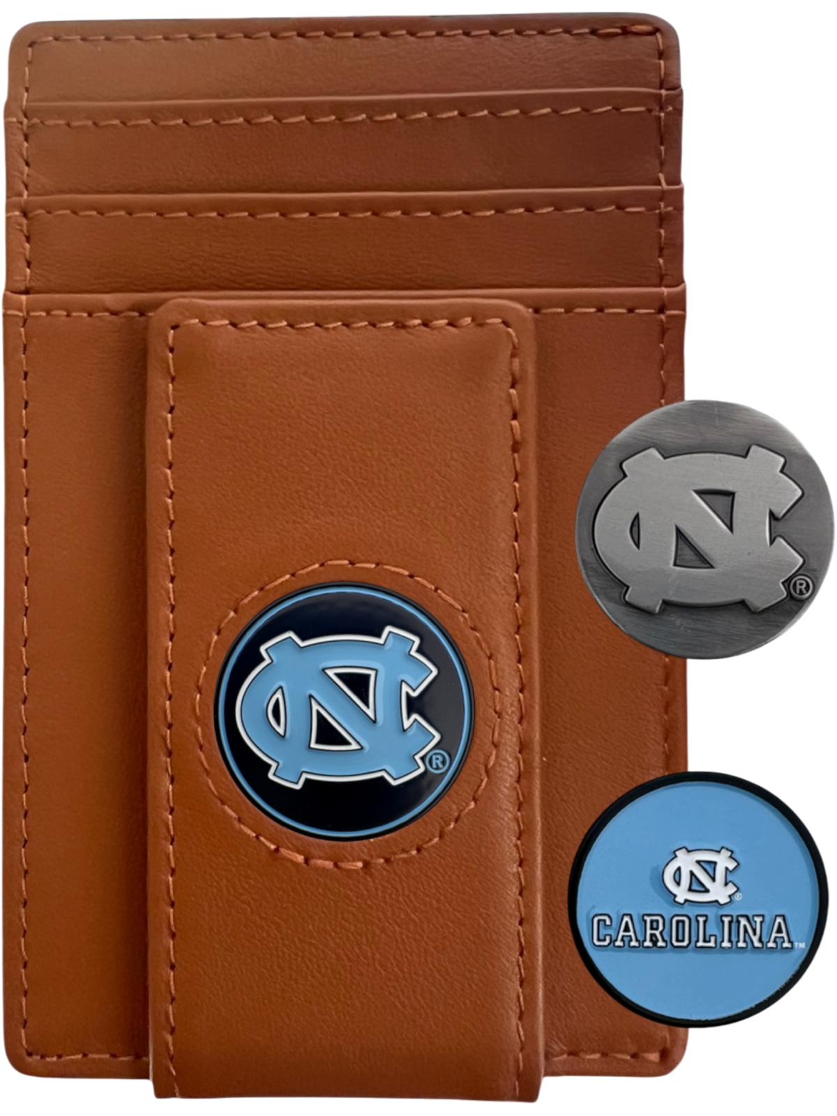 North Carolina Tar Heels tan leather wallet with NC icon, silver NC icon and Carolina icon