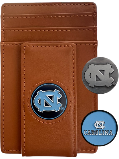 North Carolina Tar Heels tan leather wallet with NC icon, silver NC icon and Carolina icon