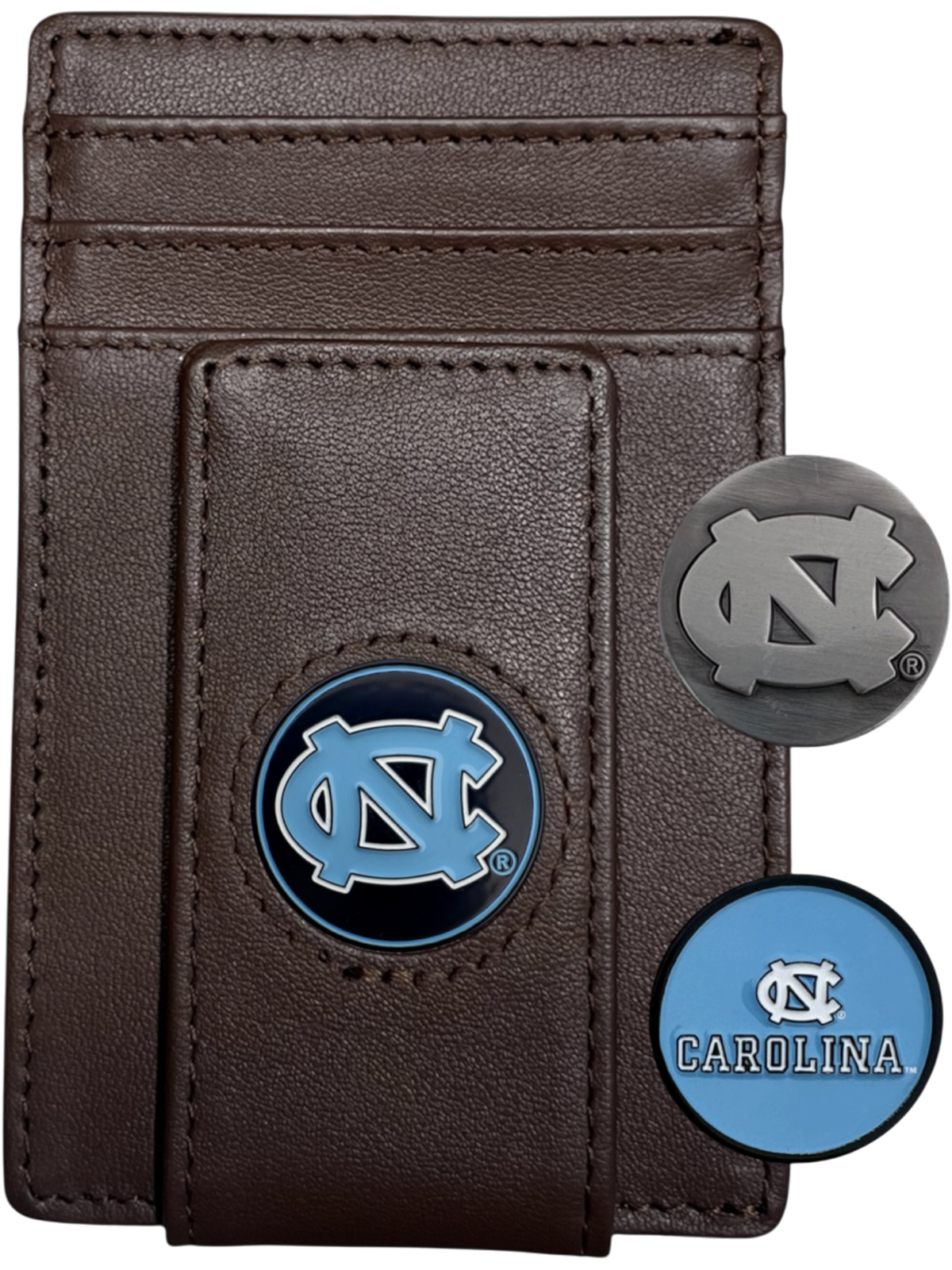 North Carolina Tar Heels dark brown leather wallet with interlocking NC icon and two extra icons