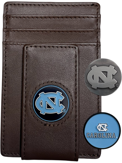 North Carolina Tar Heels dark brown leather wallet with interlocking NC icon and two extra icons