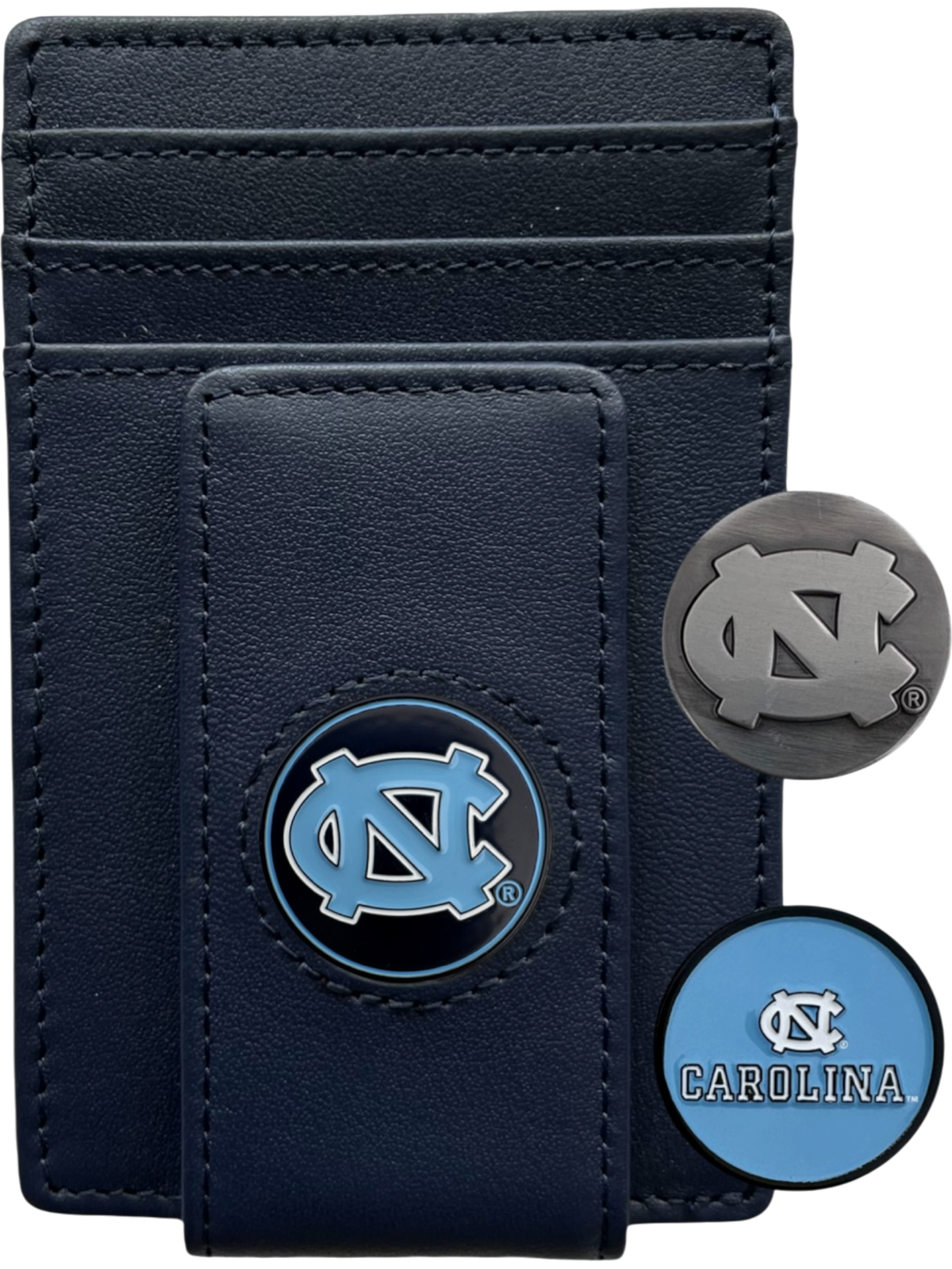 North Carolina Tar Heels navy leather wallet with NC icon, silver NC icon and Carolina icon
