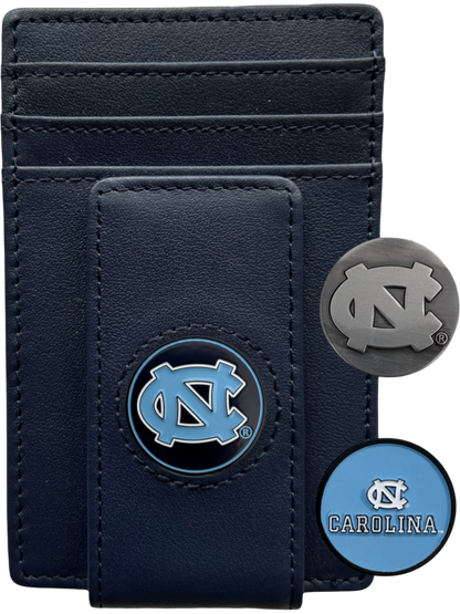 North Carolina Tar Heels navy leather wallet with NC icon, silver NC icon and Carolina icon