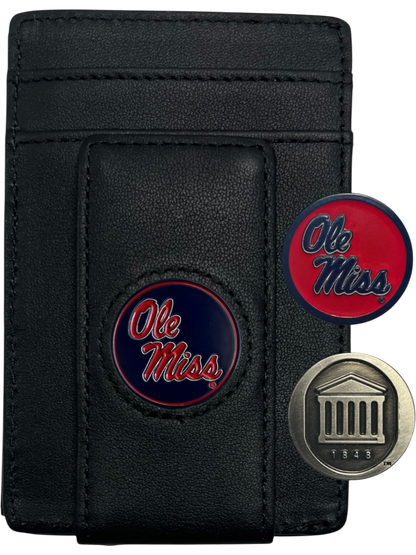 Ole Miss Rebels black leather wallet with script Ole Miss icon and Lyceum icon