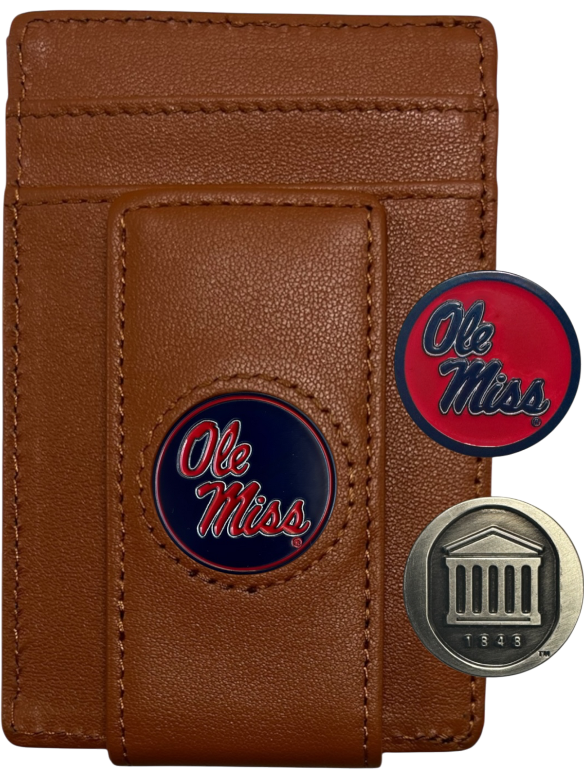 Ole Miss Rebels tan leather wallet with script Ole Miss icon and Lyceum icon