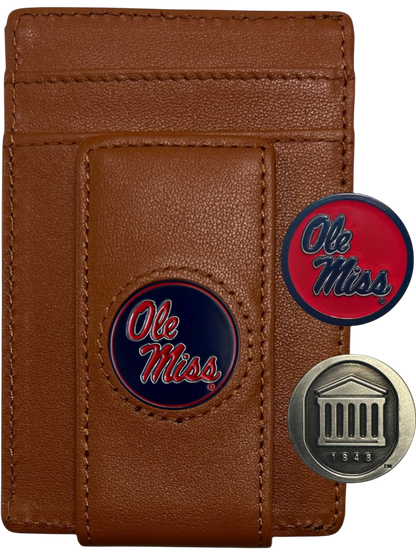 Ole Miss Rebels tan leather wallet with script Ole Miss icon and Lyceum icon