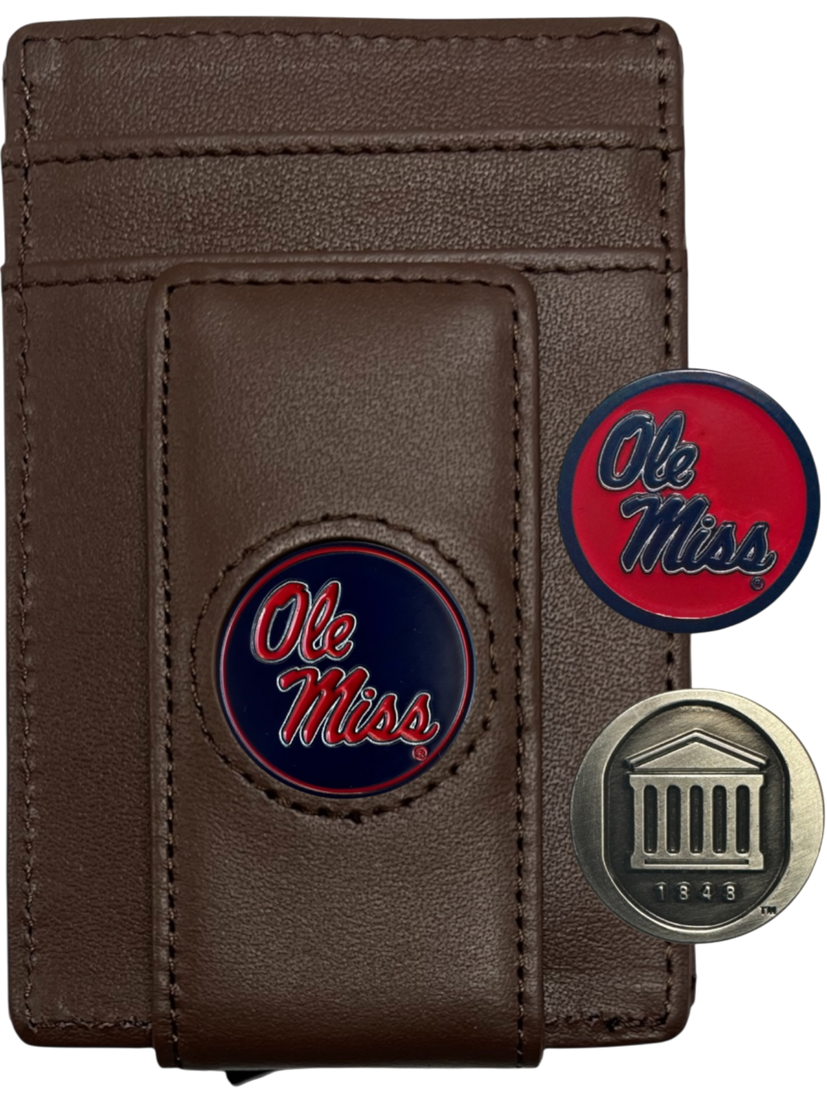 Ole Miss Rebels dark brown leather wallet with script Ole Miss icon and two interchangeable icons