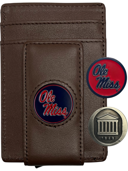 Ole Miss Rebels dark brown leather wallet with script Ole Miss icon and two interchangeable icons