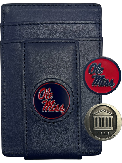 Ole Miss Rebels navy blue leather wallet with script Ole Miss icon and two interchangeable icons