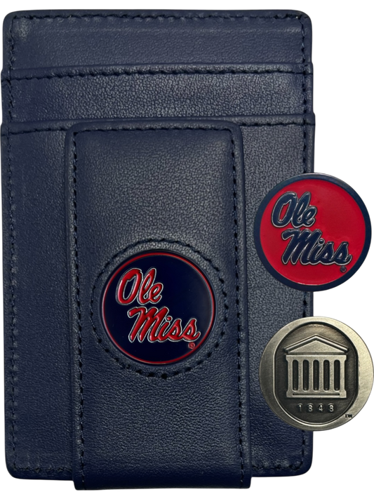 Ole Miss Rebels navy blue leather wallet with script Ole Miss icon and two interchangeable icons
