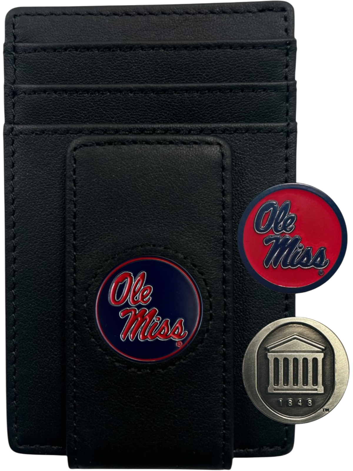 Ole Miss Rebels black leather wallet with script Ole Miss icon and two interchangeable icons