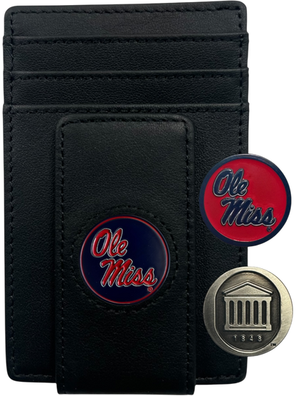 Ole Miss Rebels black leather wallet with script Ole Miss icon and two interchangeable icons