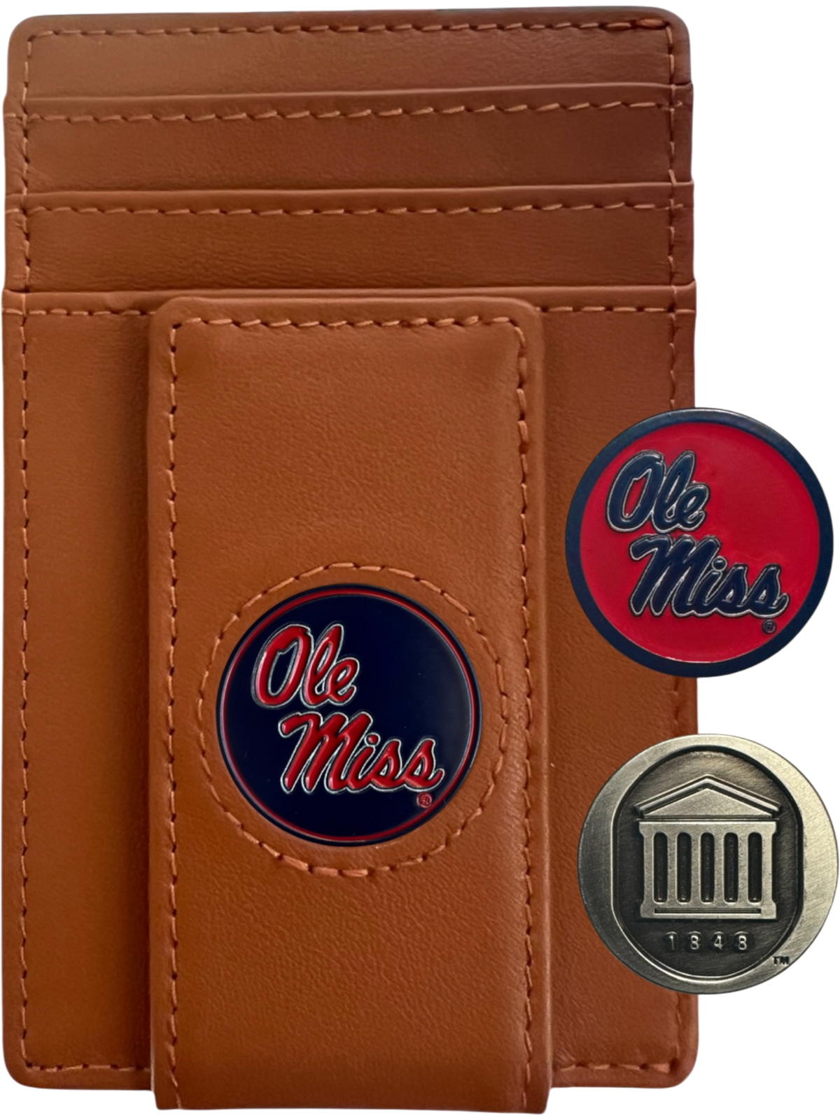 Ole Miss Rebels tan leather wallet with script Ole Miss icon and two interchangeable icons