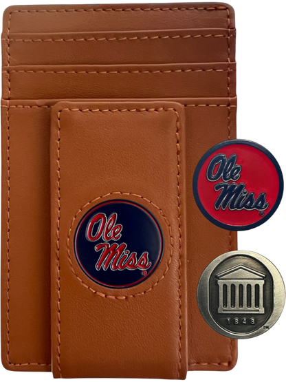 Ole Miss Rebels tan leather wallet with script Ole Miss icon and two interchangeable icons