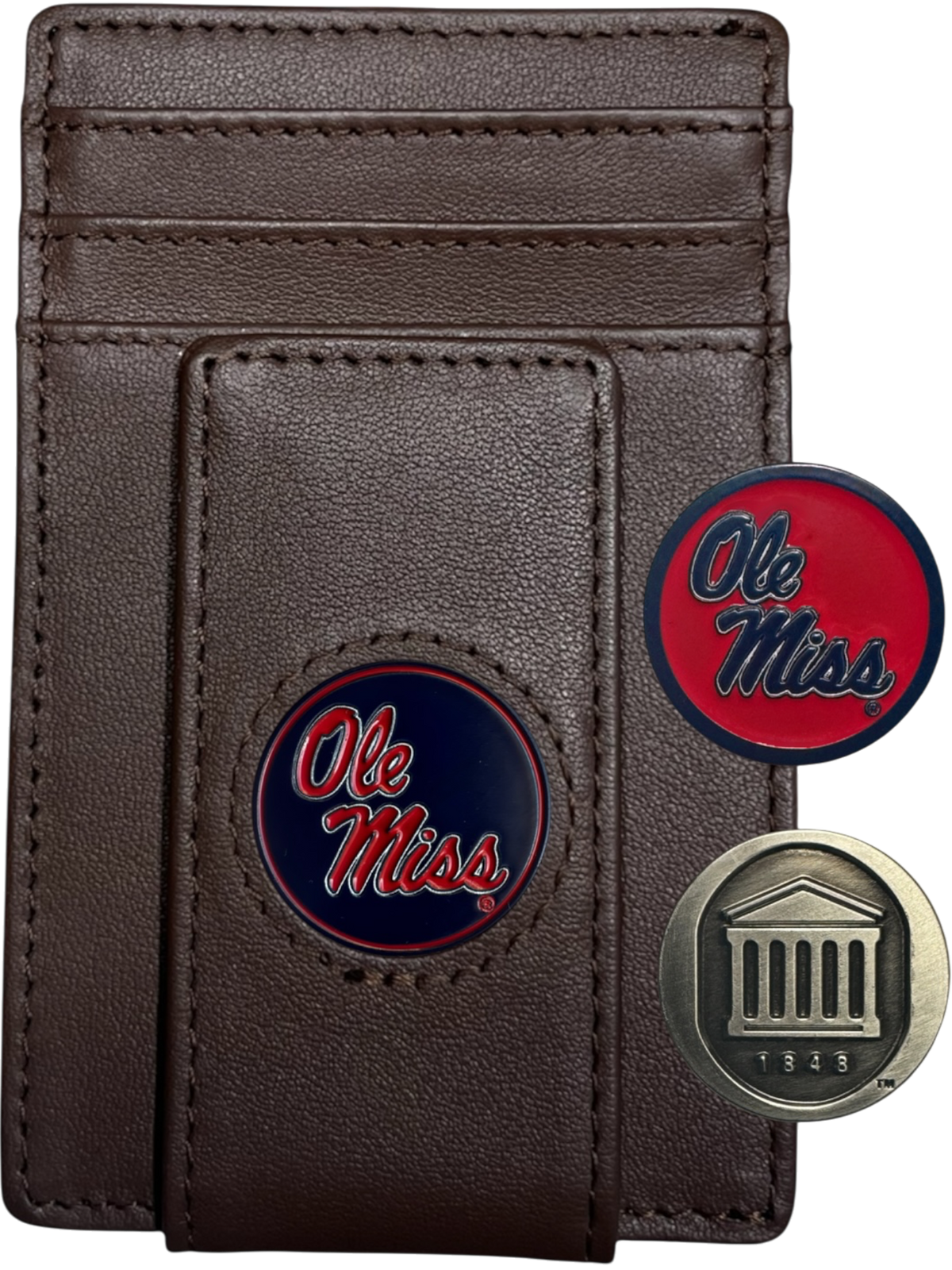 Ole Miss Rebels dark brown leather wallet with script Ole Miss icon and Lyceum icon