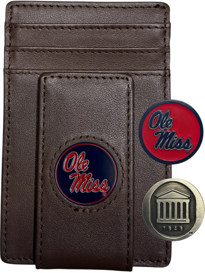 Ole Miss Rebels dark brown leather wallet with script Ole Miss icon and Lyceum icon