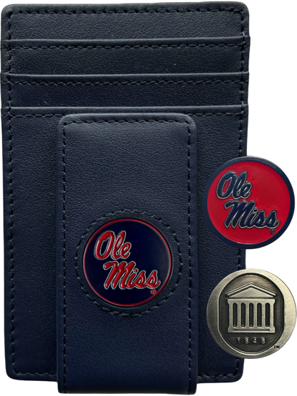 Ole Miss Rebels navy blue leather wallet with script Ole Miss icon and Lyceum icon