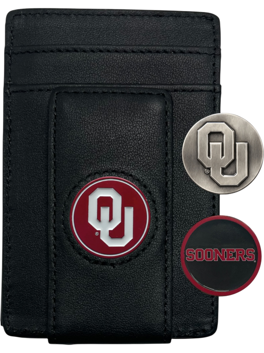 Oklahoma Sooners black leather wallet with crimson OU icon and two interchangeable icons