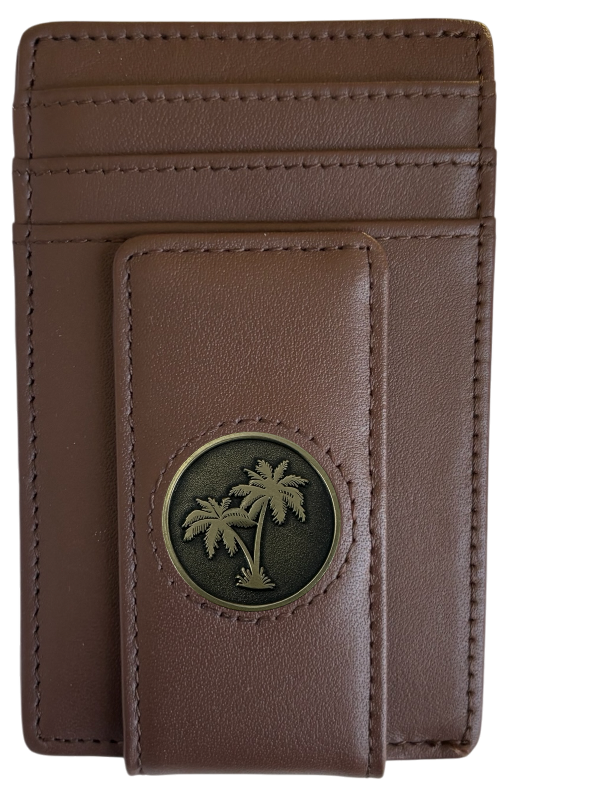 Dark brown full-grain leather Icon Wallet with palm tree icon