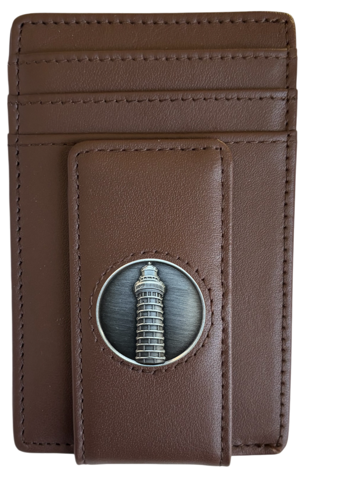 Dark brown full-grain leather Icon Wallet with silver lighthouse icon