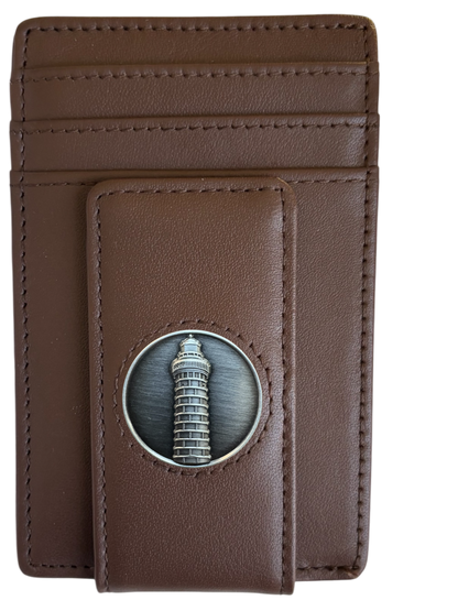 Dark brown full-grain leather Icon Wallet with silver lighthouse icon