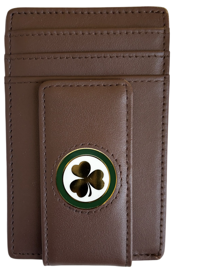 Dark brown full-grain leather Icon Wallet with green four-leaf clover icon