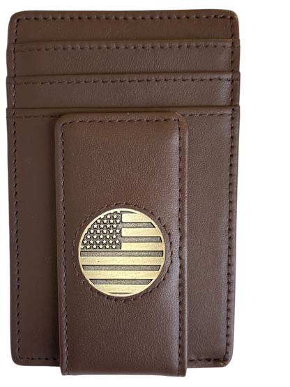 Dark brown full-grain leather Icon Wallet with metal American flag icon